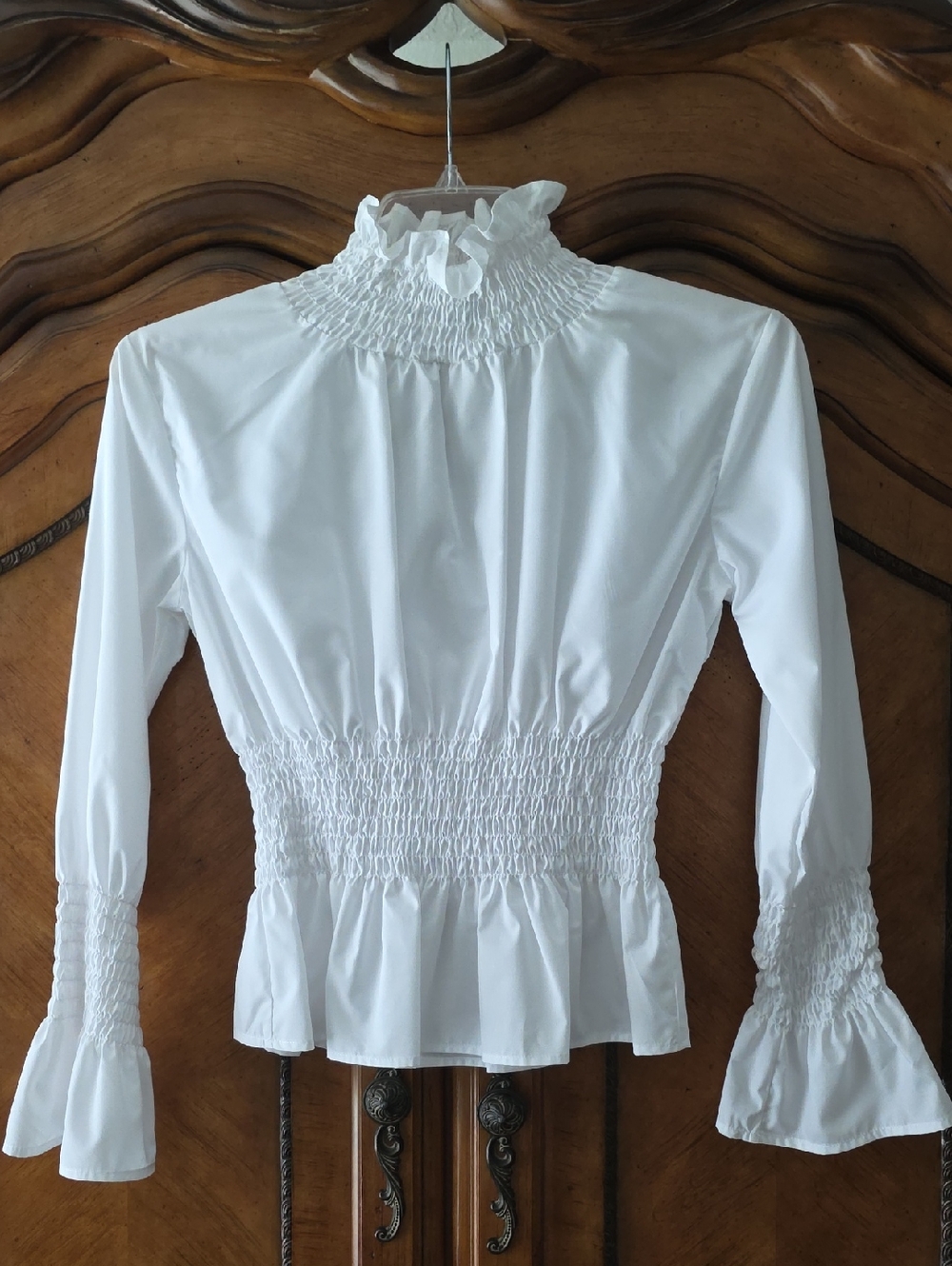 White Smocked Ruffle-Neck Long Sleeve Top
